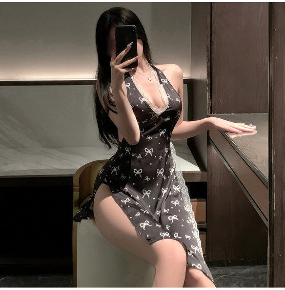 FEE ET MOI - Side Slit Tie-Back Bow Print Dress (Black) FEE ET MOI - Side Slit Tie-Back Bow Print Dress (Black)